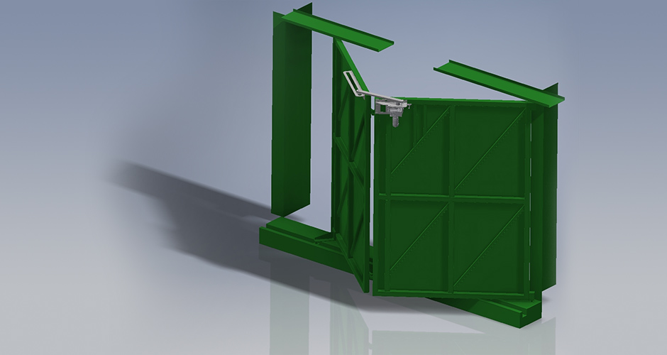 3D Animation eines GfA-Falttor-ELEKTROMATEN FT im Einsatz an einem Falttor mittels selbst konstruierter Antriebskonsole und Hebelarm der ROWI-TECH AG